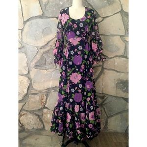 Vintage romantic floral long black dress